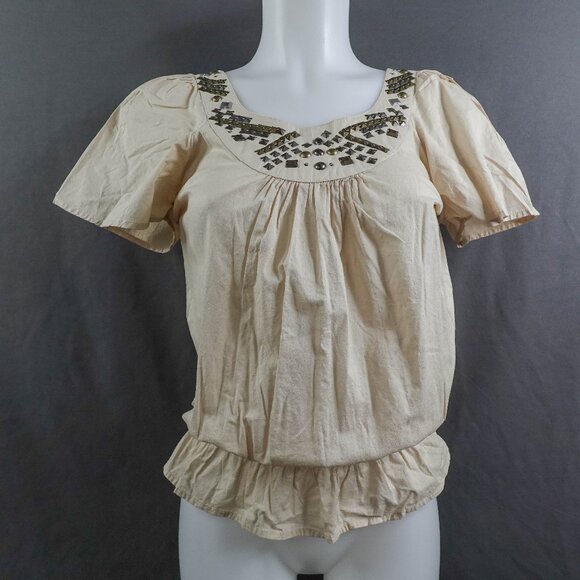 Mudd Womens Top Small Tan Boho Peplum Indie Artsy Clean Girl Studded NEW - Picture 1 of 14